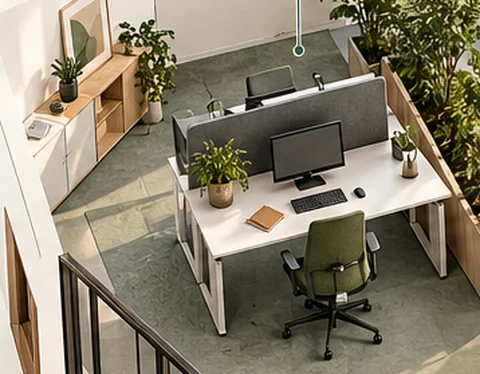 Bildschirmarbeitsplatz mit Schreibtisch, Monitor und ergonomischem Stuhl.