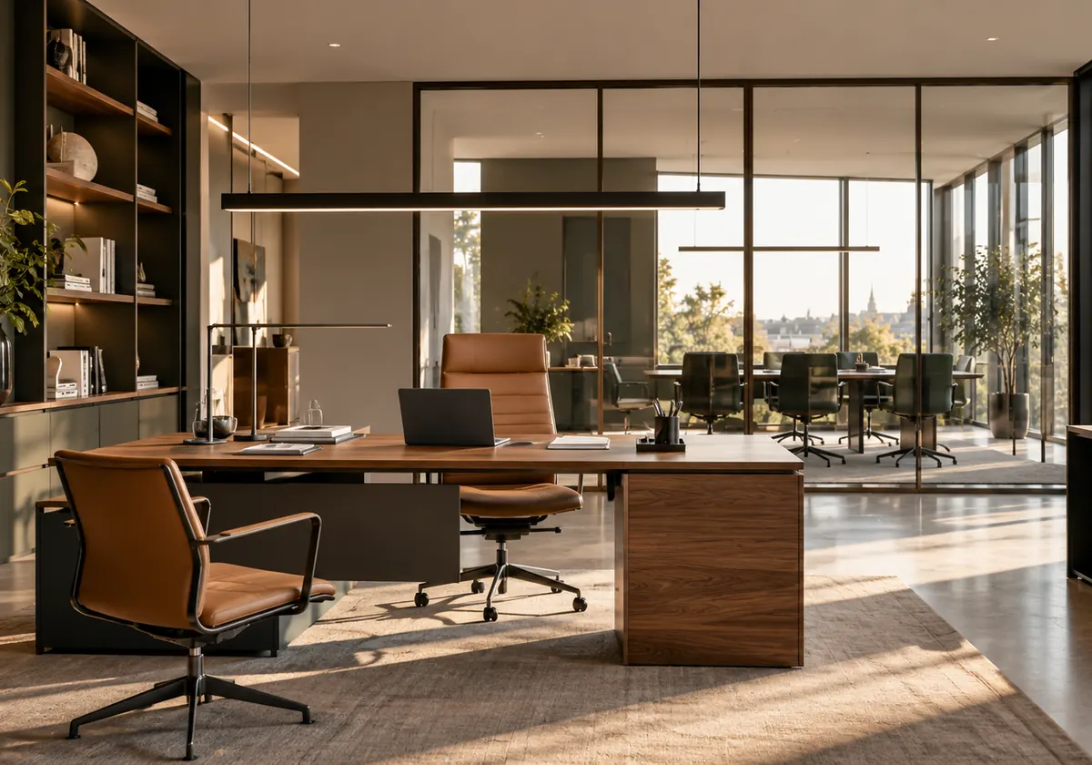 Hochwertiges professionelles Büro mit dunklen Einbauten, Holzschreibtisch und natürlichen Lichtakzenten