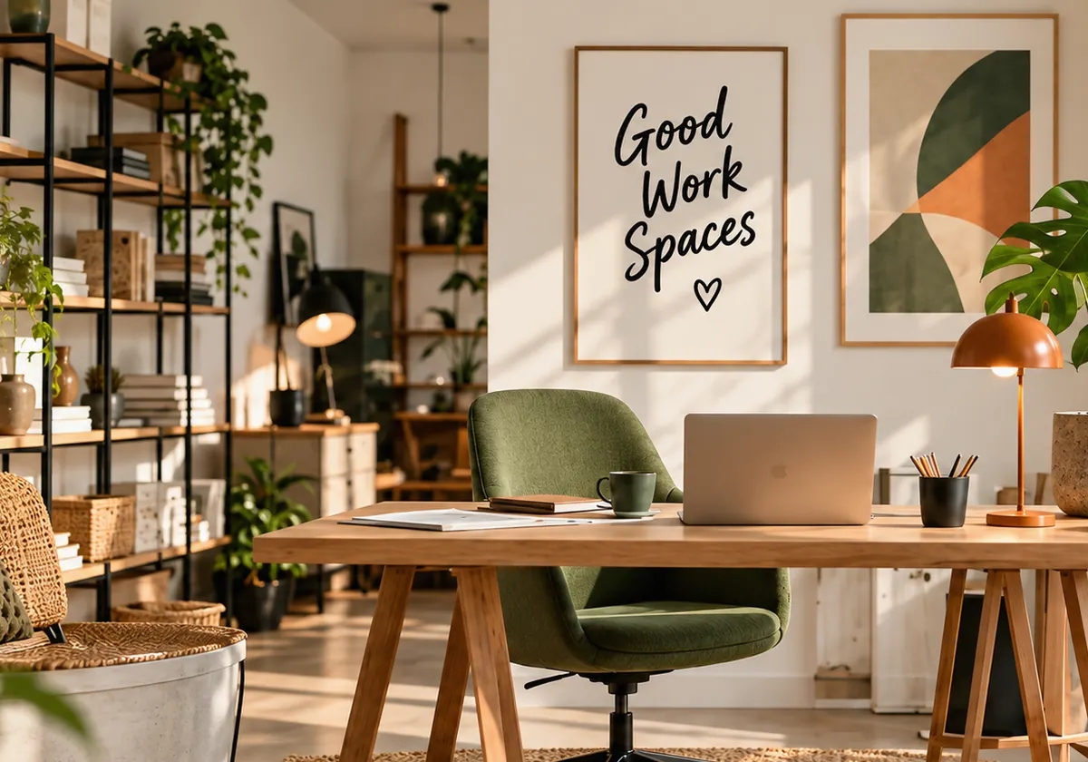 Wohnliches Homeoffice mit Holzschreibtisch, grünem Stuhl und Tageslicht