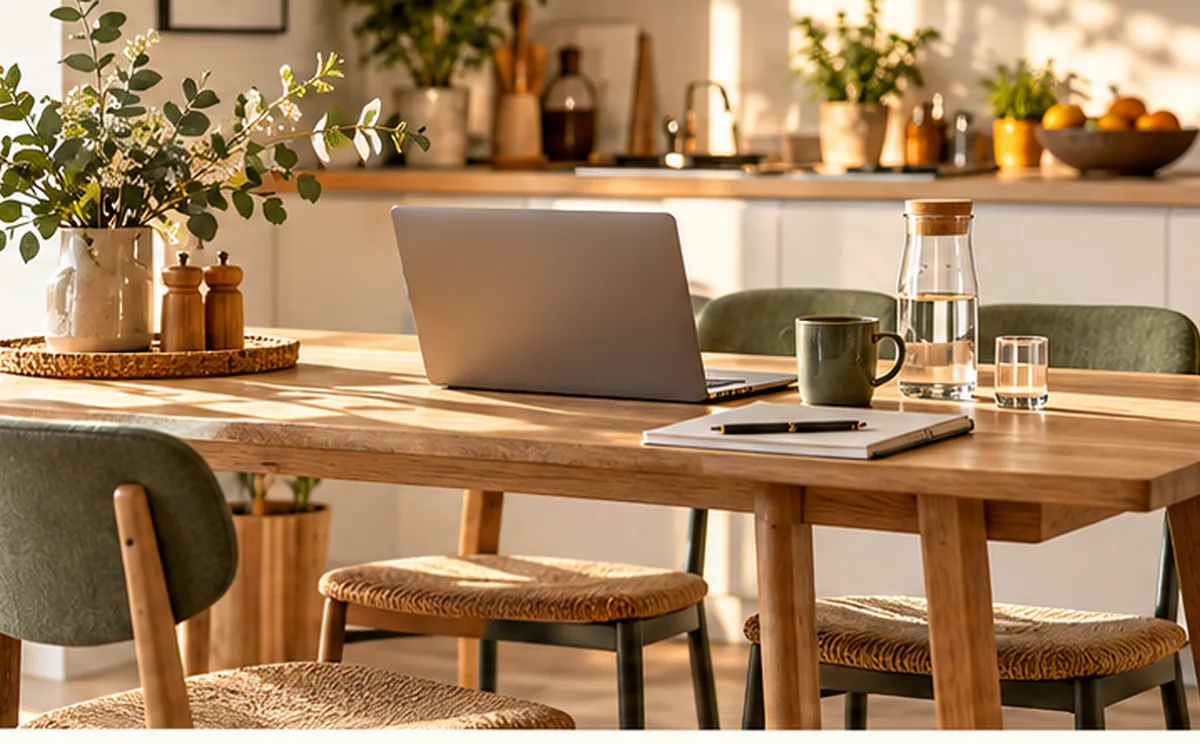 Heller Küchentisch aus Holz mit Laptop, Tageslicht und wenigen Arbeitsmitteln