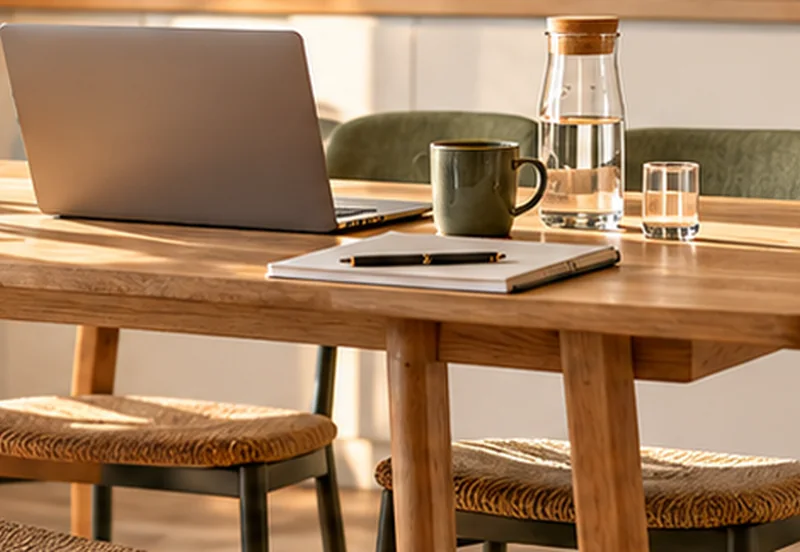 Laptop, Tasse und Schreibmaterial auf einem Esstisch aus Holz