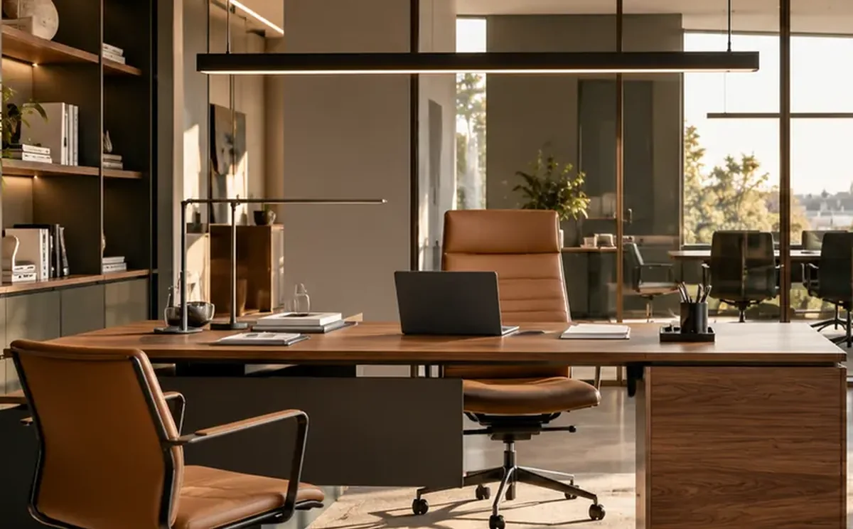 Büroschreibtisch mit verstellbarem Stuhl in einem professionell gestalteten Arbeitsraum