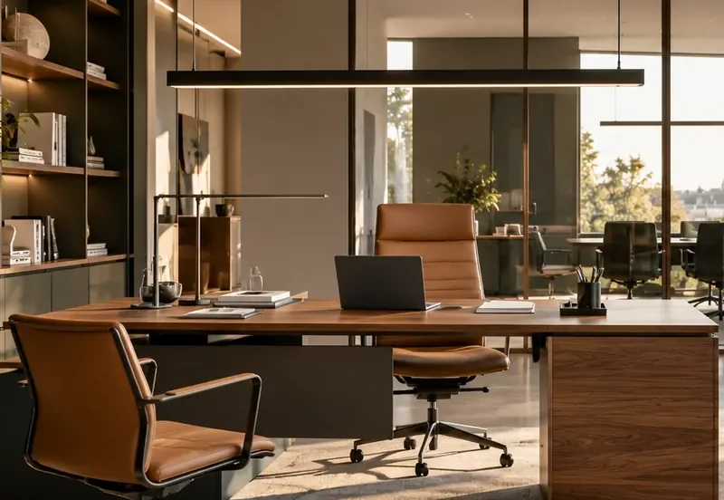 Büroschreibtisch mit verstellbarem Stuhl in einem professionell gestalteten Arbeitsraum