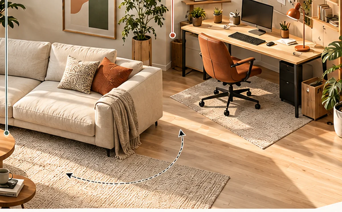 Wohnbereich mit Sofa und räumlich integriertem Schreibtisch in warmen Naturmaterialien
