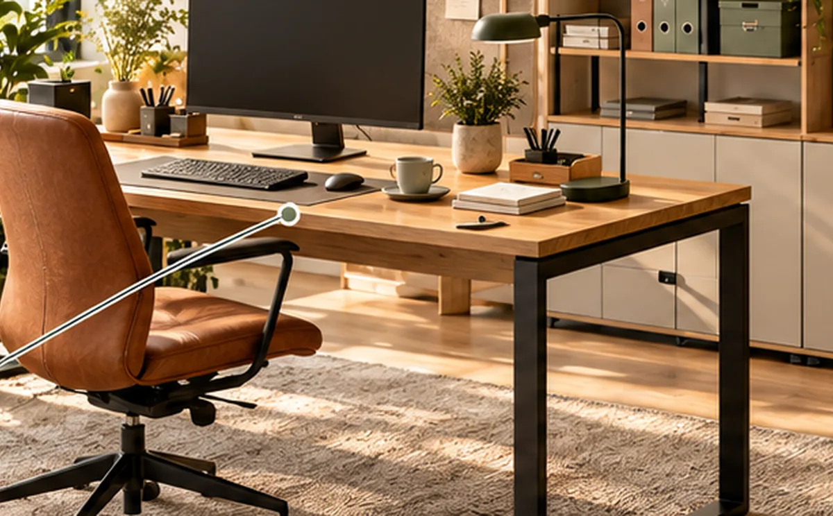 Aufgeräumter Schreibtisch mit Monitor, Leuchte, Stauraum und sorgfältig geführter Technik