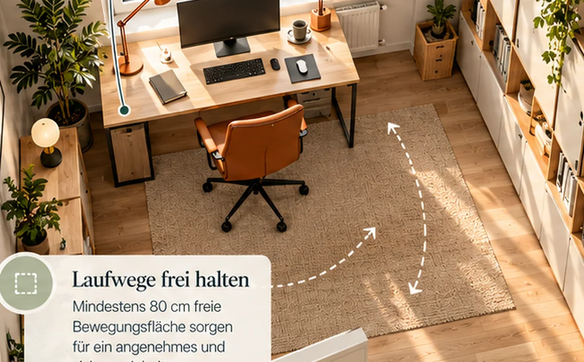 Kleines Arbeitszimmer aus erhöhter Perspektive mit Tisch, Stuhl, Stauraum und freien Laufwegen