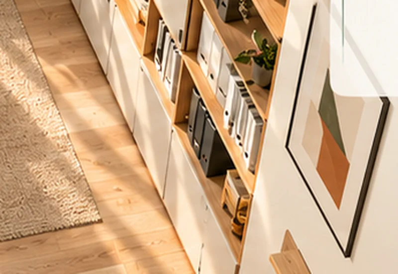 Regale und Stauraum entlang der Wand eines schmalen Arbeitszimmers