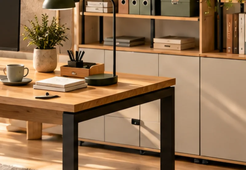 Holzregale, niedrige Schränke und geordnete Arbeitsmittel neben einem Schreibtisch