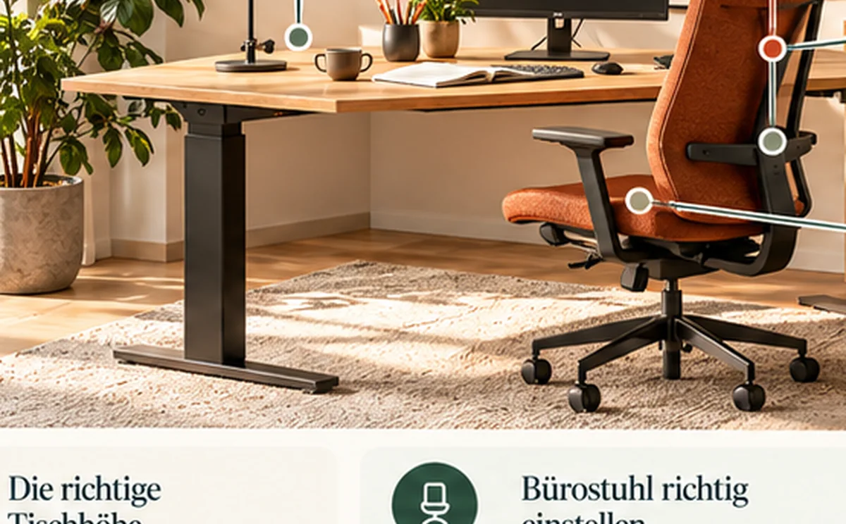Höhenverstellbarer Tisch mit Bildschirm und Bürostuhl als zusammengehörige Arbeitsplatzlösung