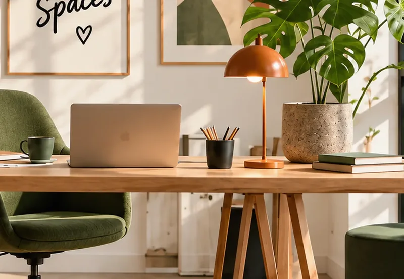 Persönlich eingerichteter Arbeitsplatz mit Holzschreibtisch, Lampe und Zimmerpflanzen